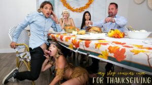 Stepcousins Katie Kush and Jessie Saint seduce their other step cousin for a Thanksgiving BJ and hardcore threesum