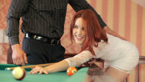 Horny redhead Amarna Miller gives a deep throat blowjob and then gets her red haired pussy filled and fucked