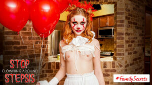 Redhead Scarlet Skies dresses as a spooky clown and scares her stepbro into letting her hop on his hardon and ride him