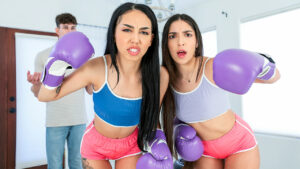 Bianca Bangs and her friend Madison Wilde compete in topless boxing then ride her stepbrother's hard cock