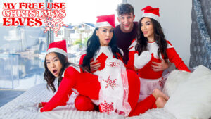 Kimmy Kimm and her BFFs Bianca Bangs and Sawyer Cassidy dress as slutty free use elves for Kimmy’s stepbro